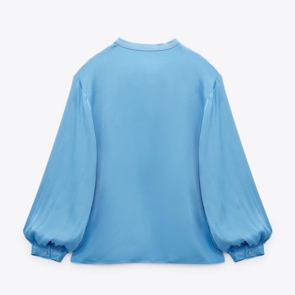 Zara Satin Bow Tie V-Neck Long Sleeve Button Up Blouse Chic | Sky Blue | Medium - Picture 8 of 11